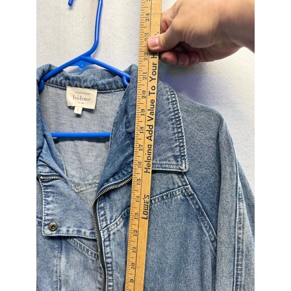 Böhme Womens Denim Jacket Distressed Light Wash Large Elastic Hem & Snap Pockets - Picture 6 of 10